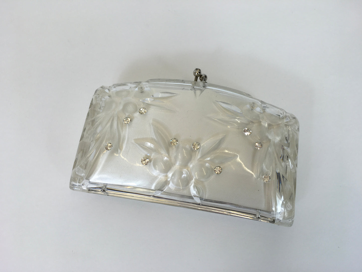 Original 1950’s Clear Lucite Clutch Bag - With Carved Floral And Rhinestone Embellishments