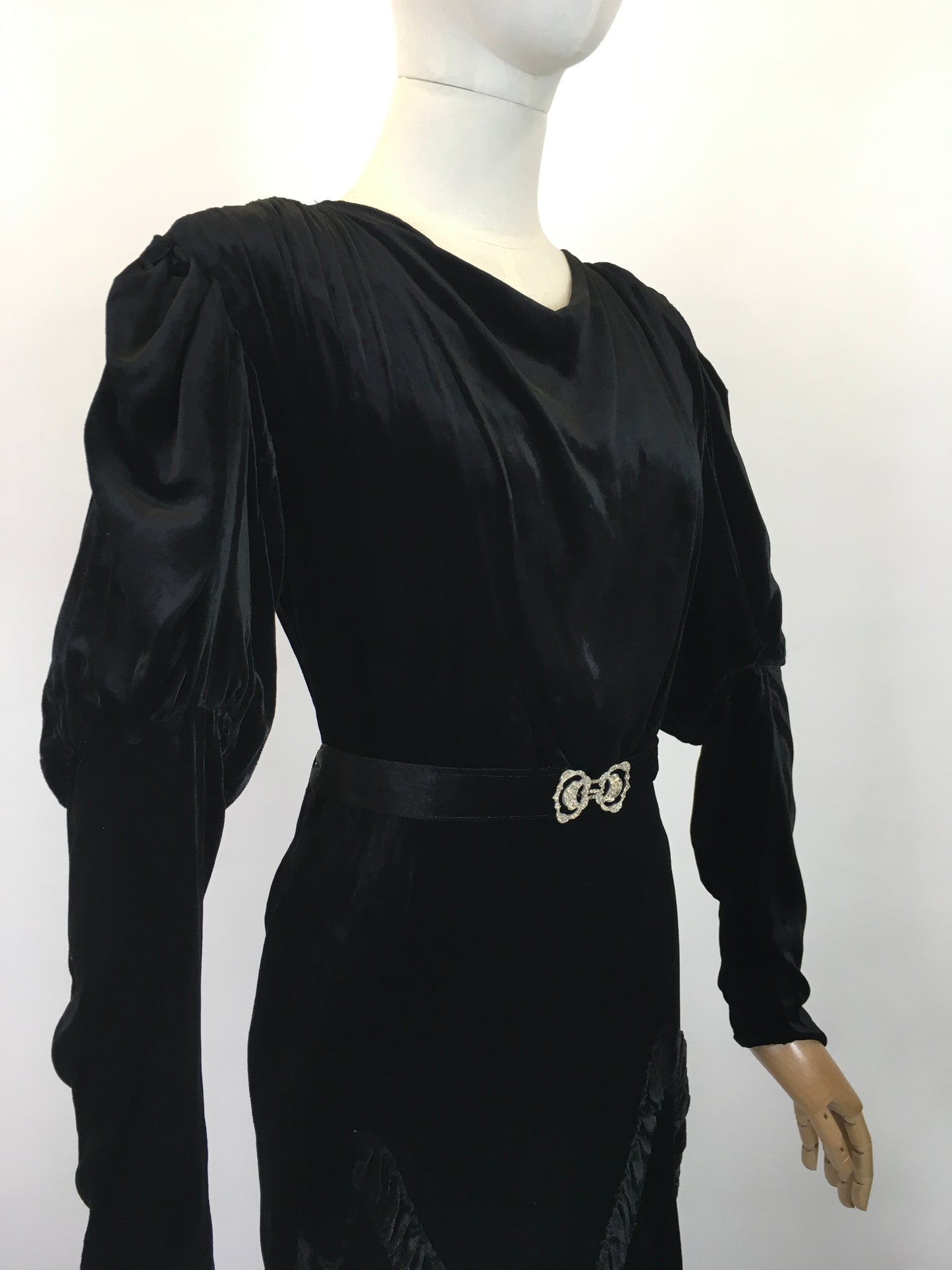 Original 1930's Divine Silk Velvet Evening Gown - With Exquisite Pleated Details and Art Deco Buckle