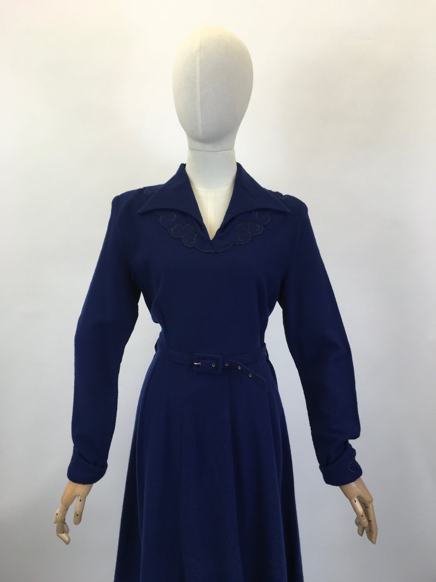 Original 1940's Sensational CC41 Utility Wool Dress - In A Royal Blue with Floral Embellishment