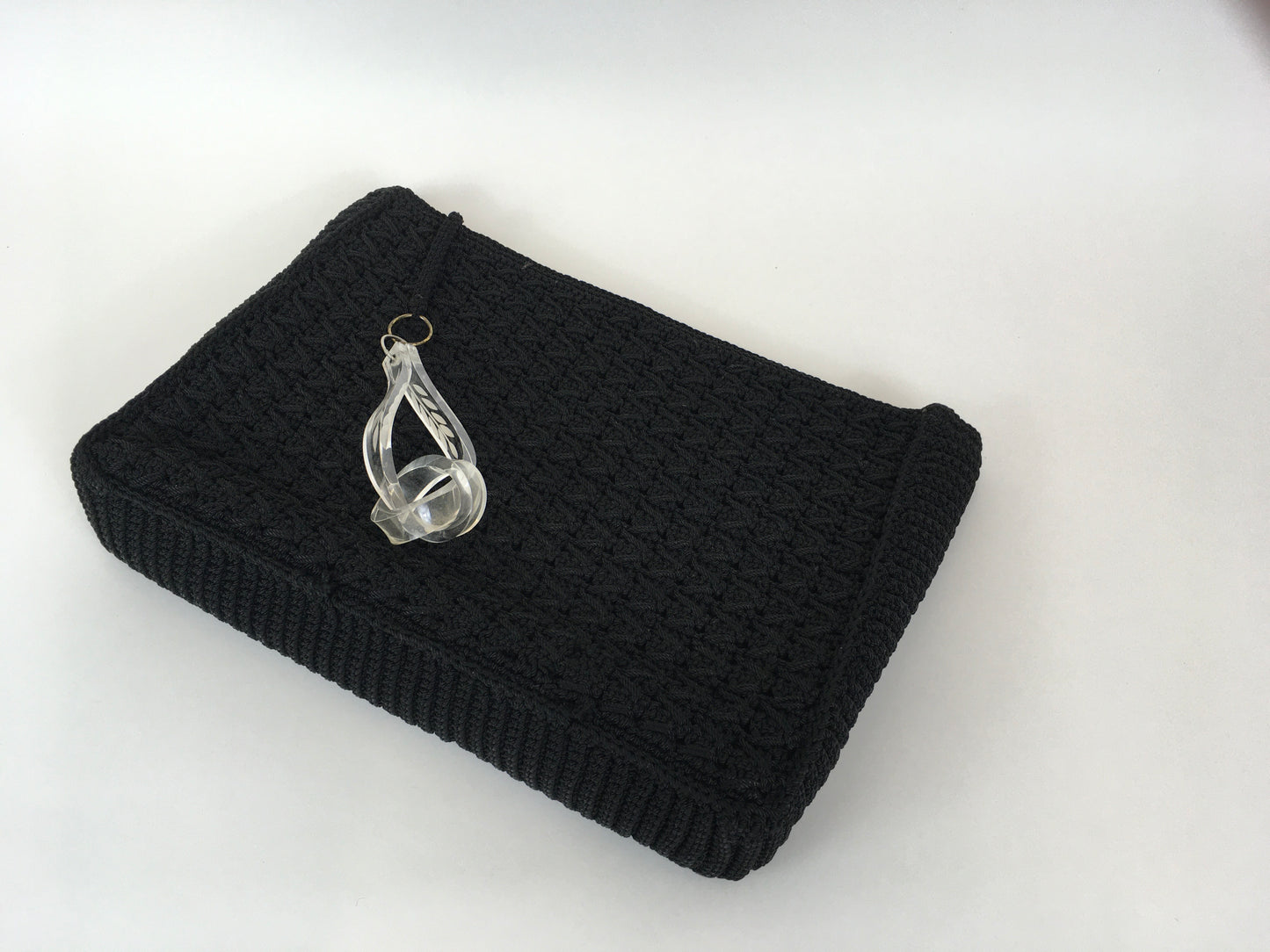 Original 1940’s Beautiful Crochet Clutch Bag in Black - With Large Lucite Pull