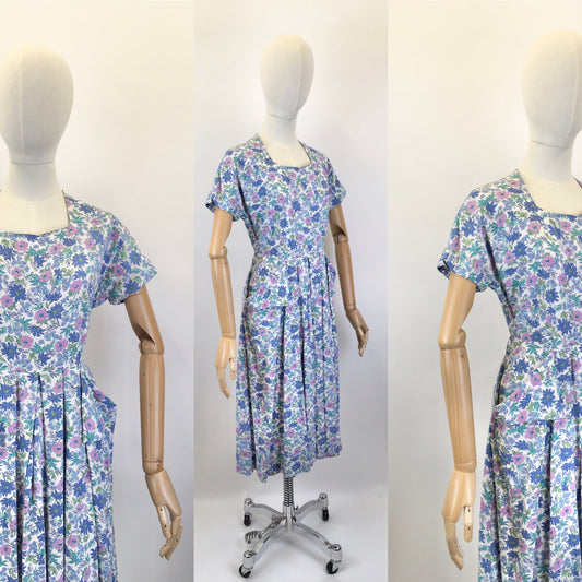 Original 1940’s Gorgeous Floral Cotton Day Dress - In Summertime Blues, Pinks, Purples & Greens