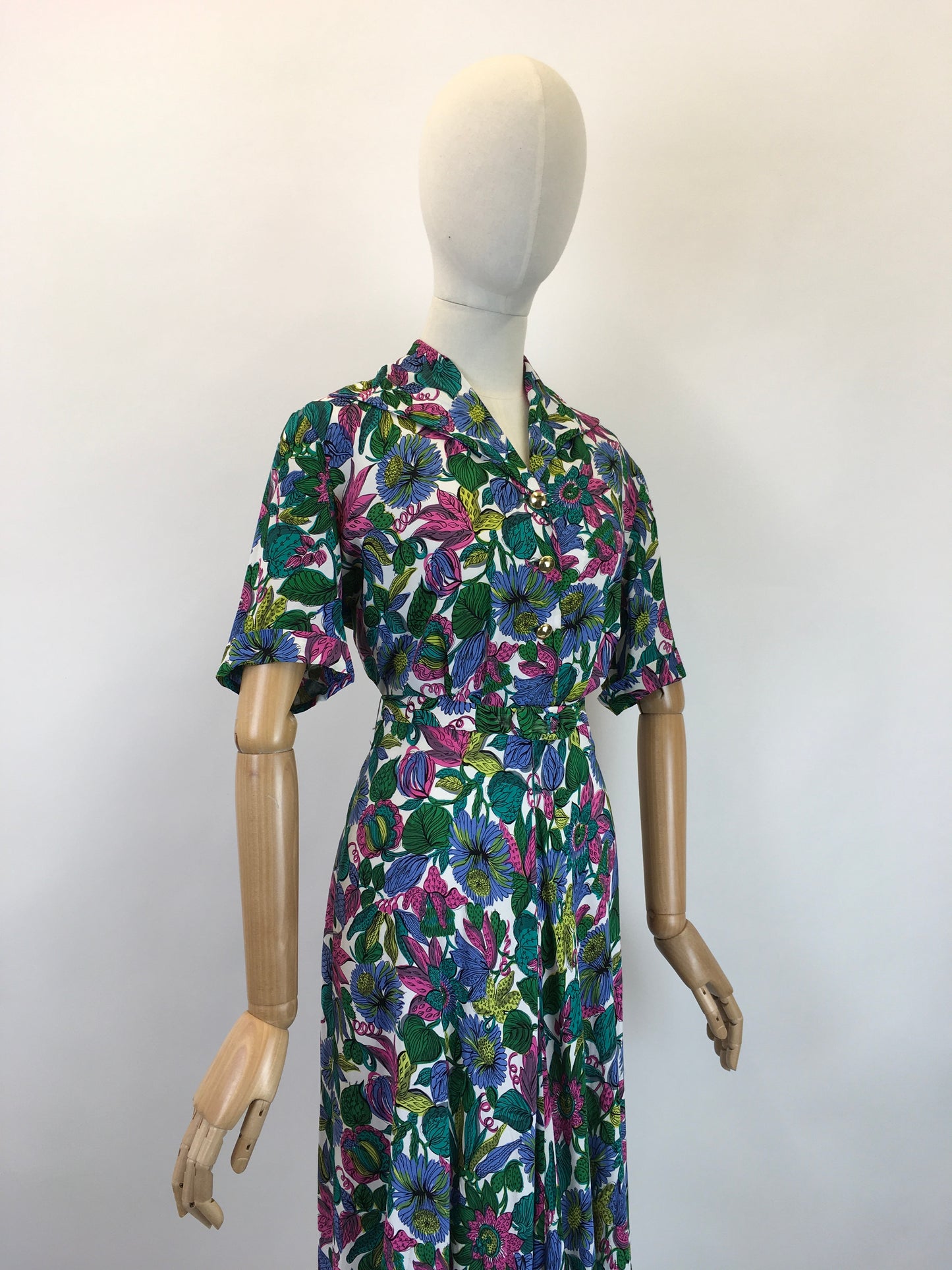 Original 1940's Sensational Floral Rayon Dress - In Fabulous Pops of Greens, Blue, Fuchsia, Chartreuse and Purple