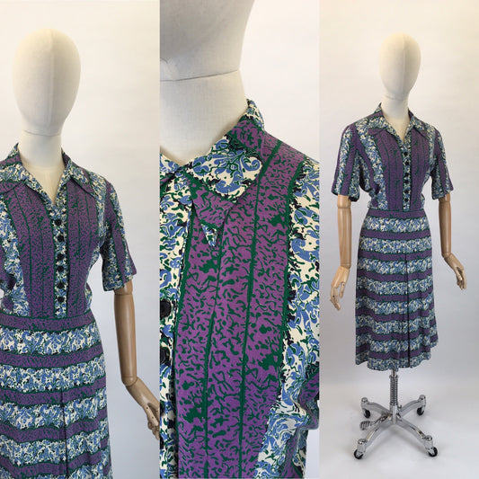 Original 1940s Rayon Dress - In Lovely Rich Purples, Greens and Whites with Florals and Stripes