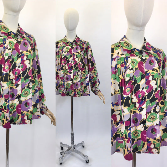 Original 1940’s FABULOUS CC41 Utility Blouse - In A Darling Floral Linen in A Winter Berry Palette