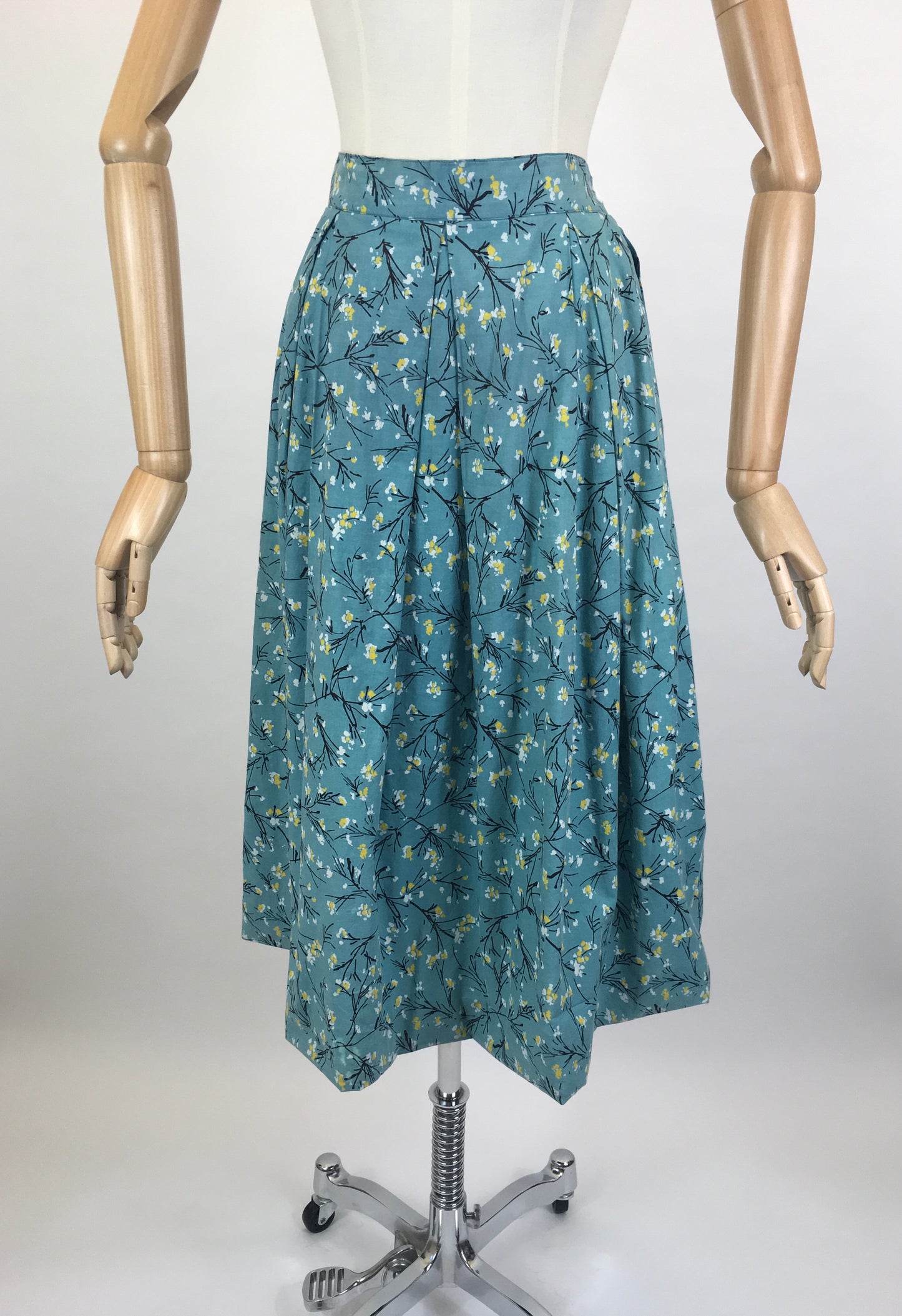 Original 1950’s Homemade Cotton Skirt - In A Lovely Blue, Yellow & Black Floral Print