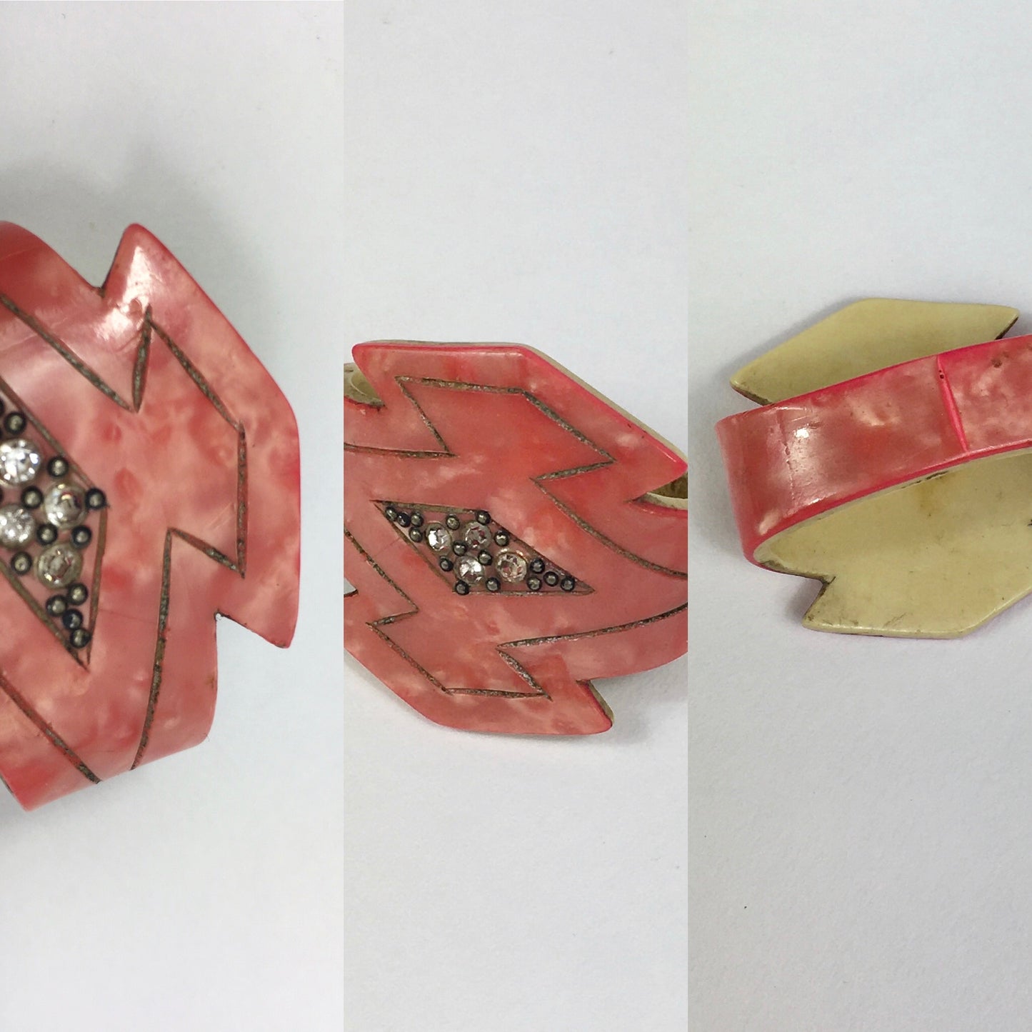 Original 1930’s Art Deco Celluloid Scarf Ring - In A Beautiful Coral Colouring With Paste Detailing