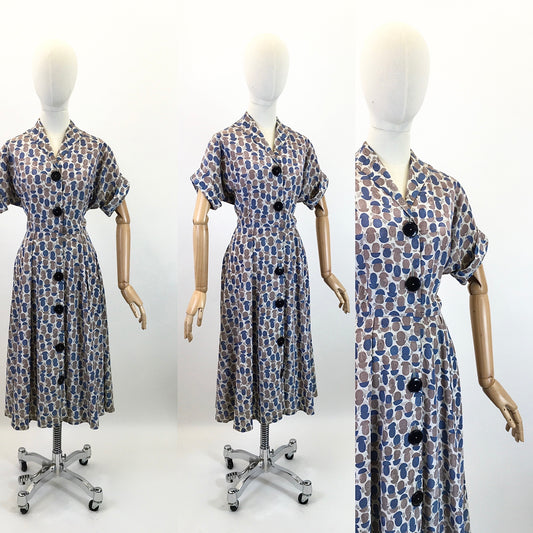 Original 1940's Stunning Novelty Print Crepe De Chine Dress - With Trees & Deer in Fawn & Airforce Blue
