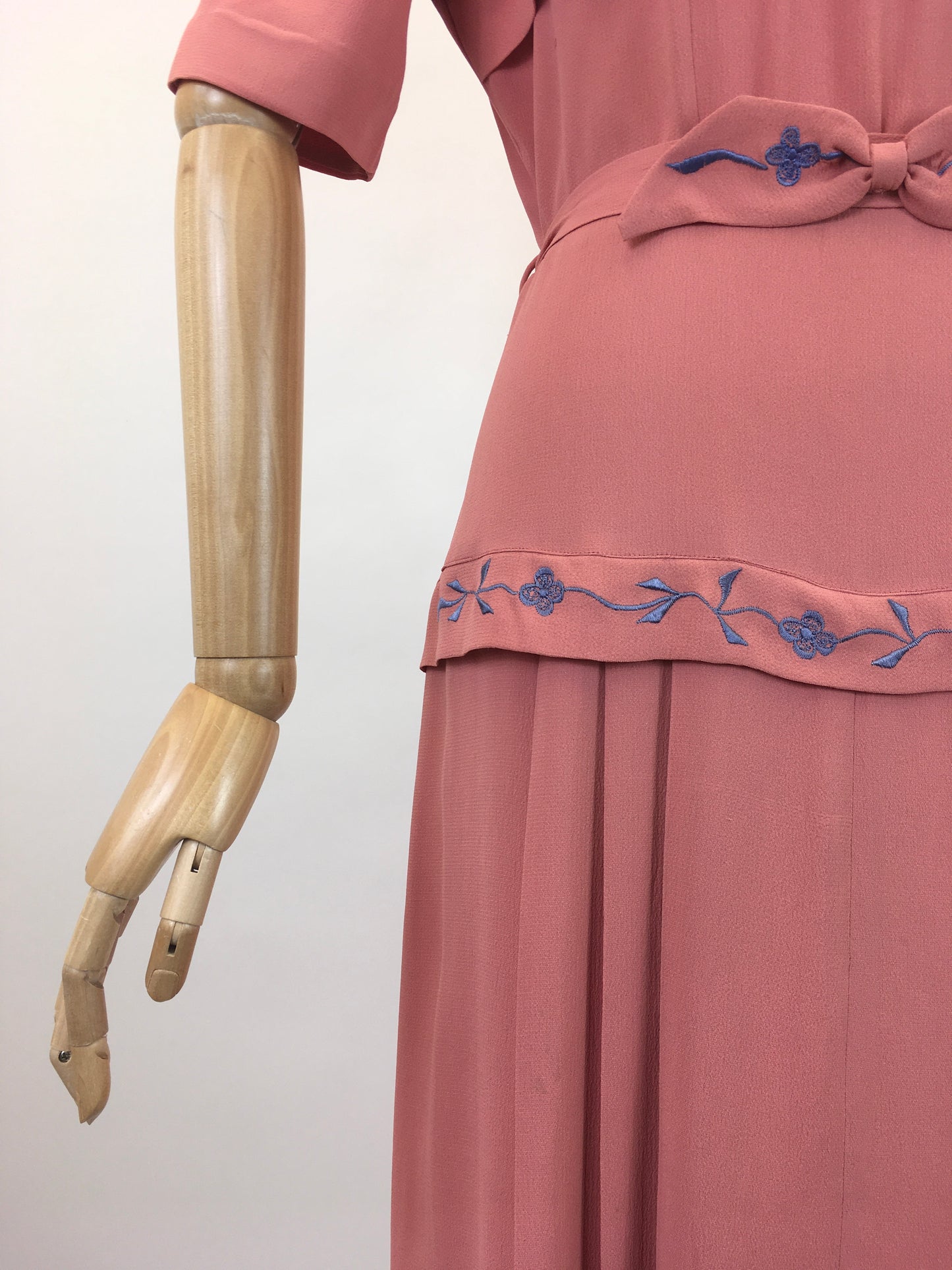 Original 1940's Stunning Blush Crepe Dress with Embroidered Details in Forget Me Not Blue - ' A Frederick Gown Label'