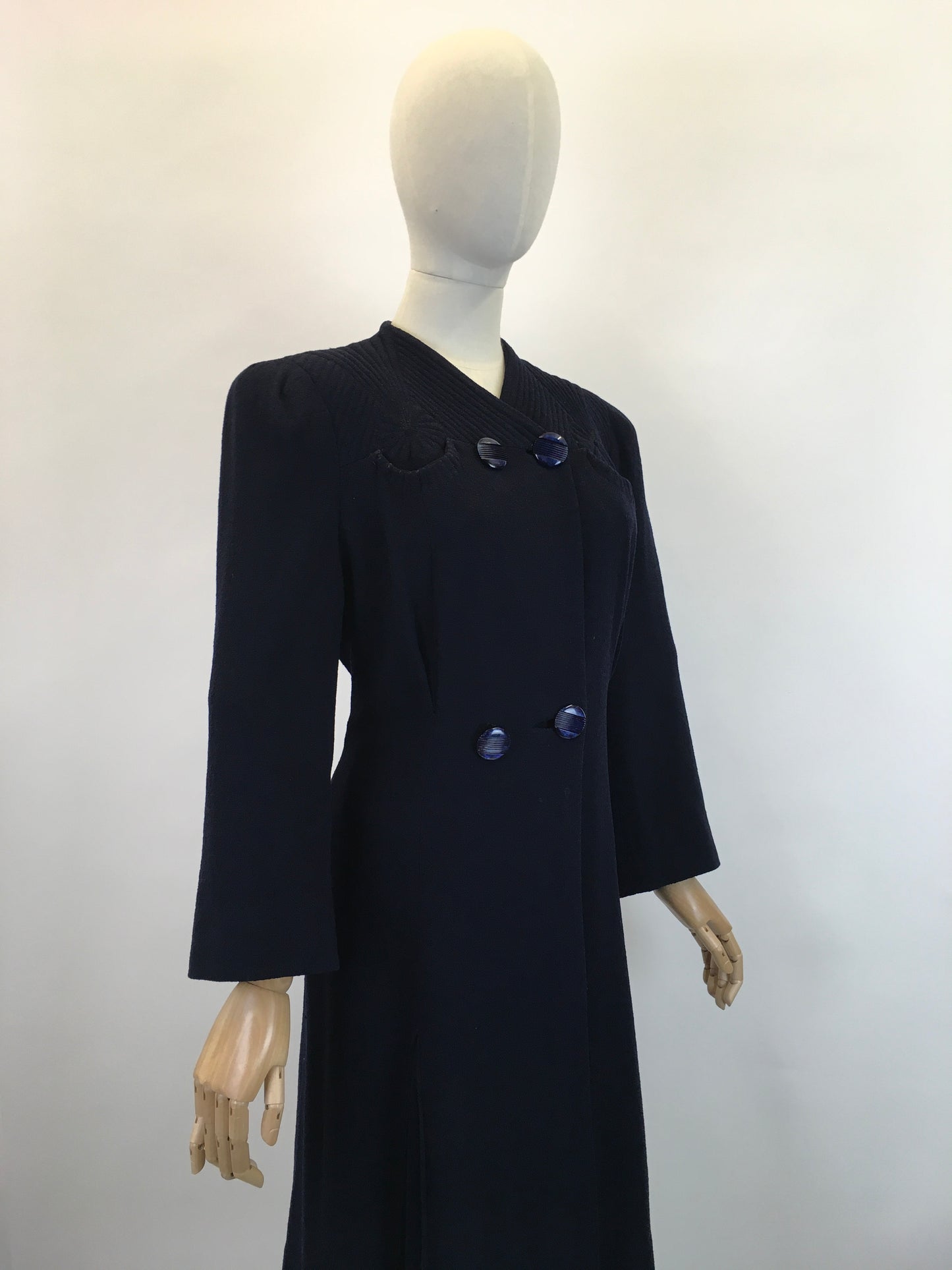 Original 1930’s Darling Navy Wool Crepe Coat - With Stunning Trapunto Detailing