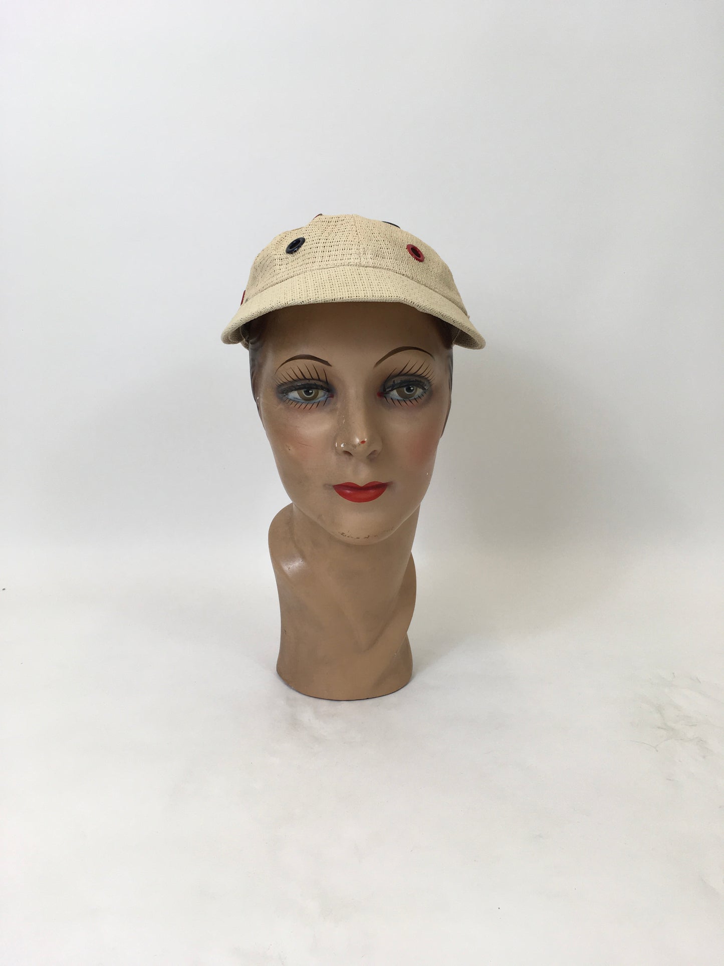 Vintage 1930's Stunning Sports Cap - In A Cream Mesh Fabric With Metal Eyelets in Blue & Red