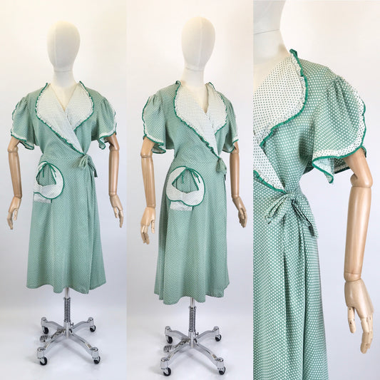 Original 1940’s SENSATIONAL Wrap House Dress - In A Fabulous Green & White Polka Dot