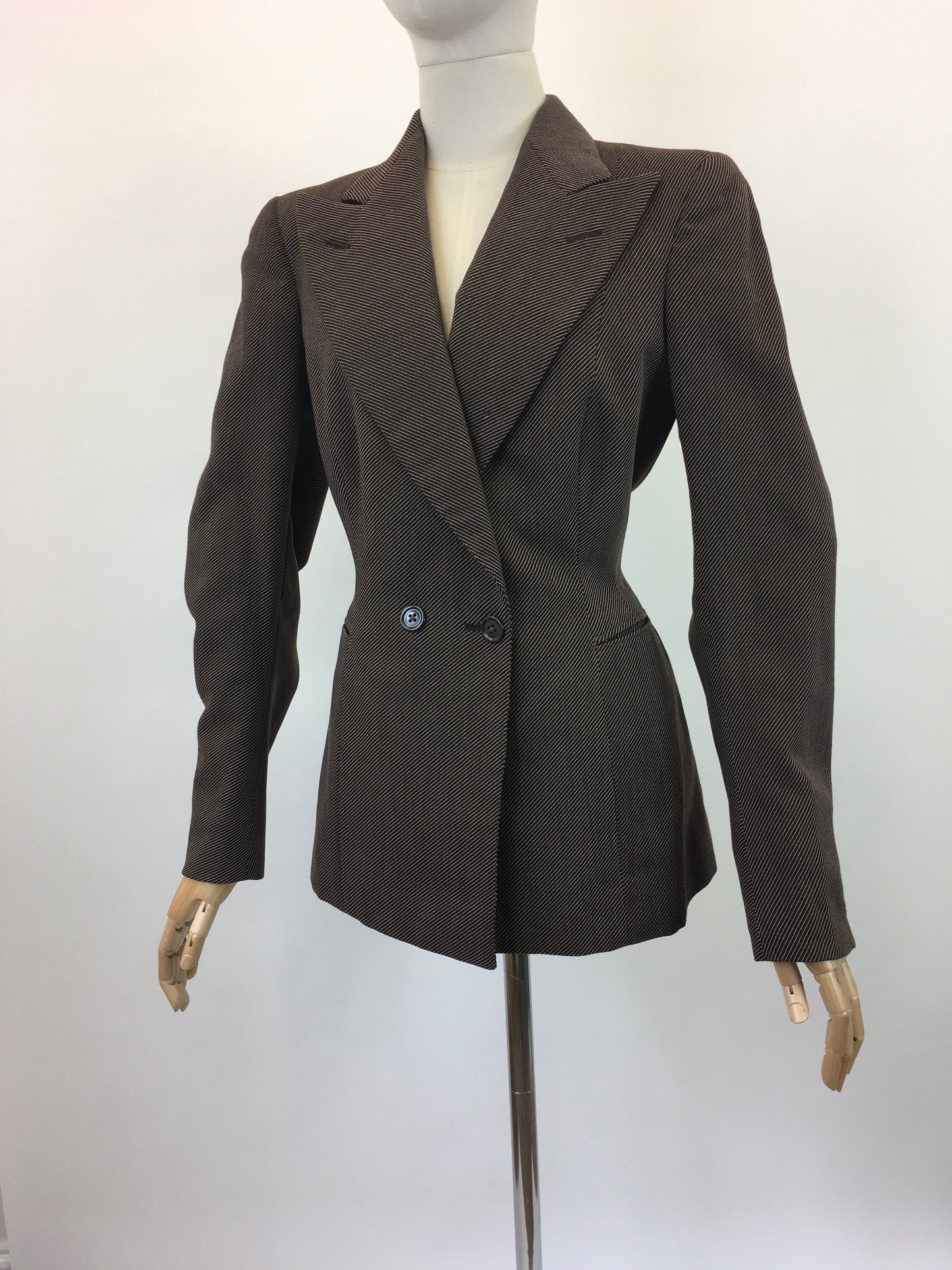 Original 1940's Stunning Longline Jacket in A Chocolate Brown Pinstripe - With Exquisite Details