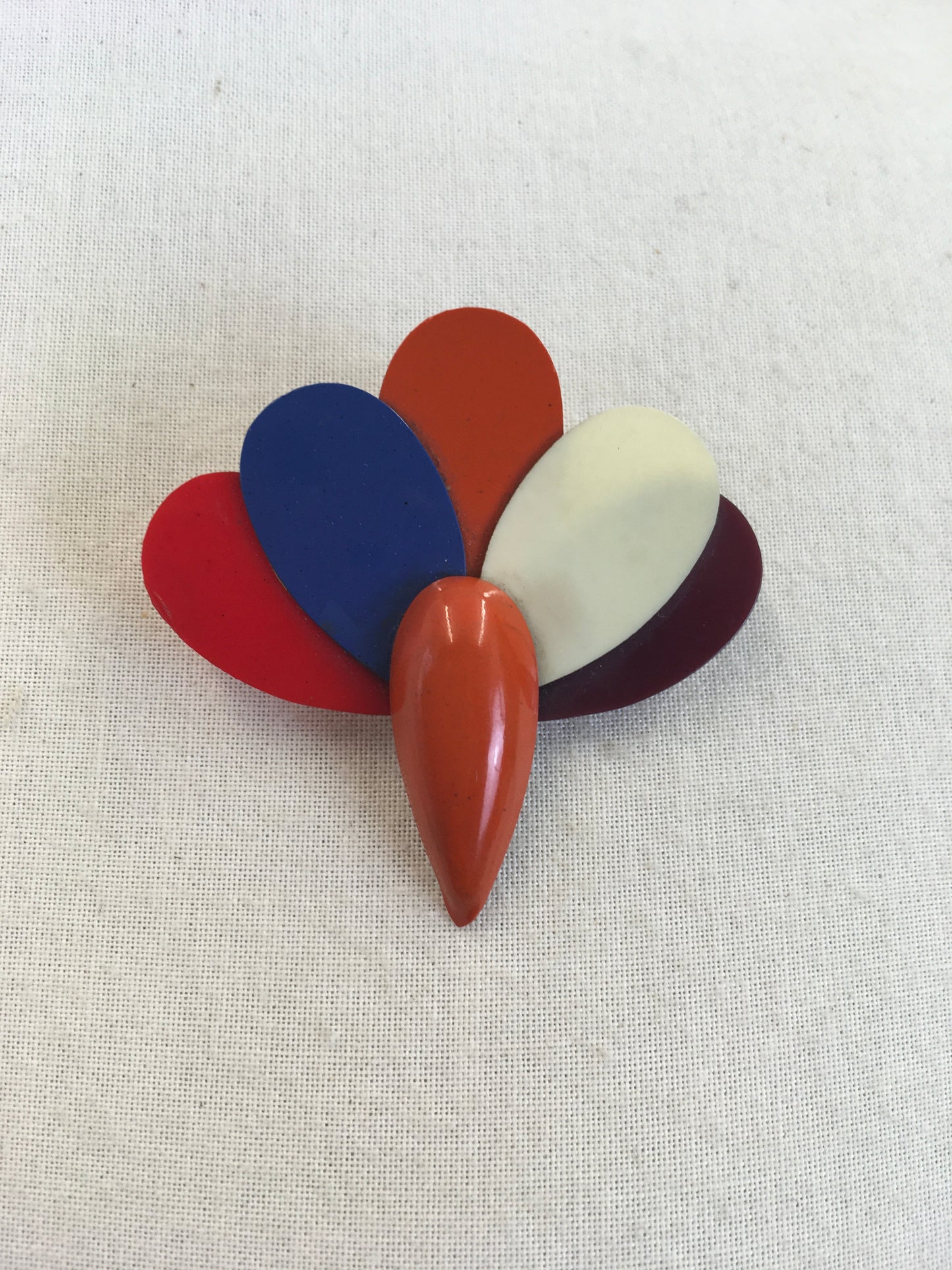 Original 1930's Exquisite Celluloid Fan Brooch - In Orange, Red, Blue, Cream and Plum