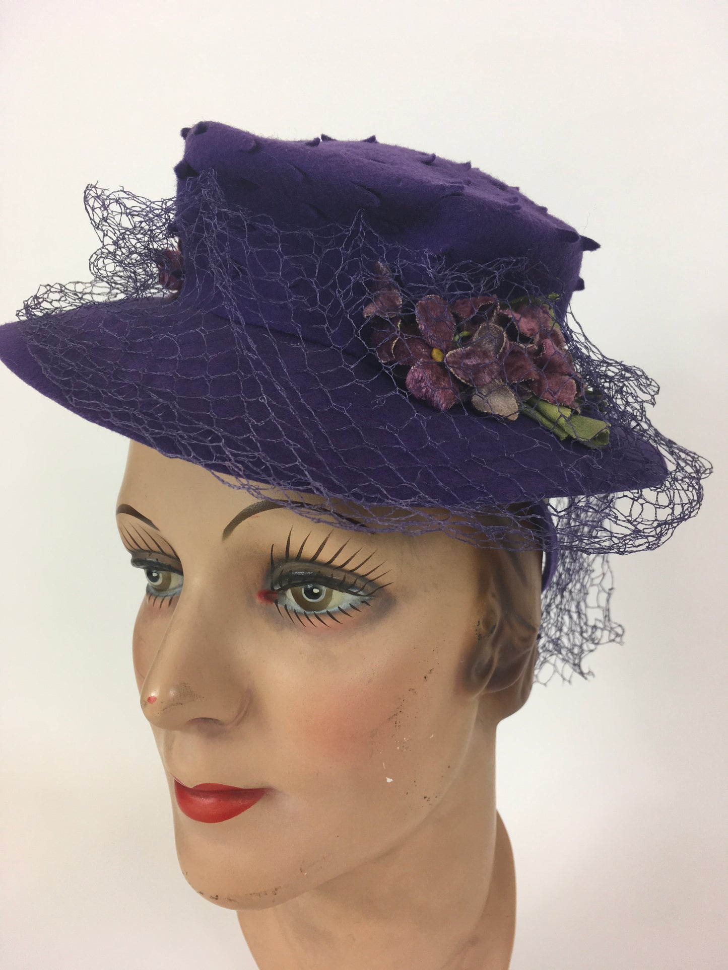 Original 1940’s SENSATIONAL Cadbury Purple Felt Topper Hat - With Cutwork Detailing, Millinery Flowers and Veiling