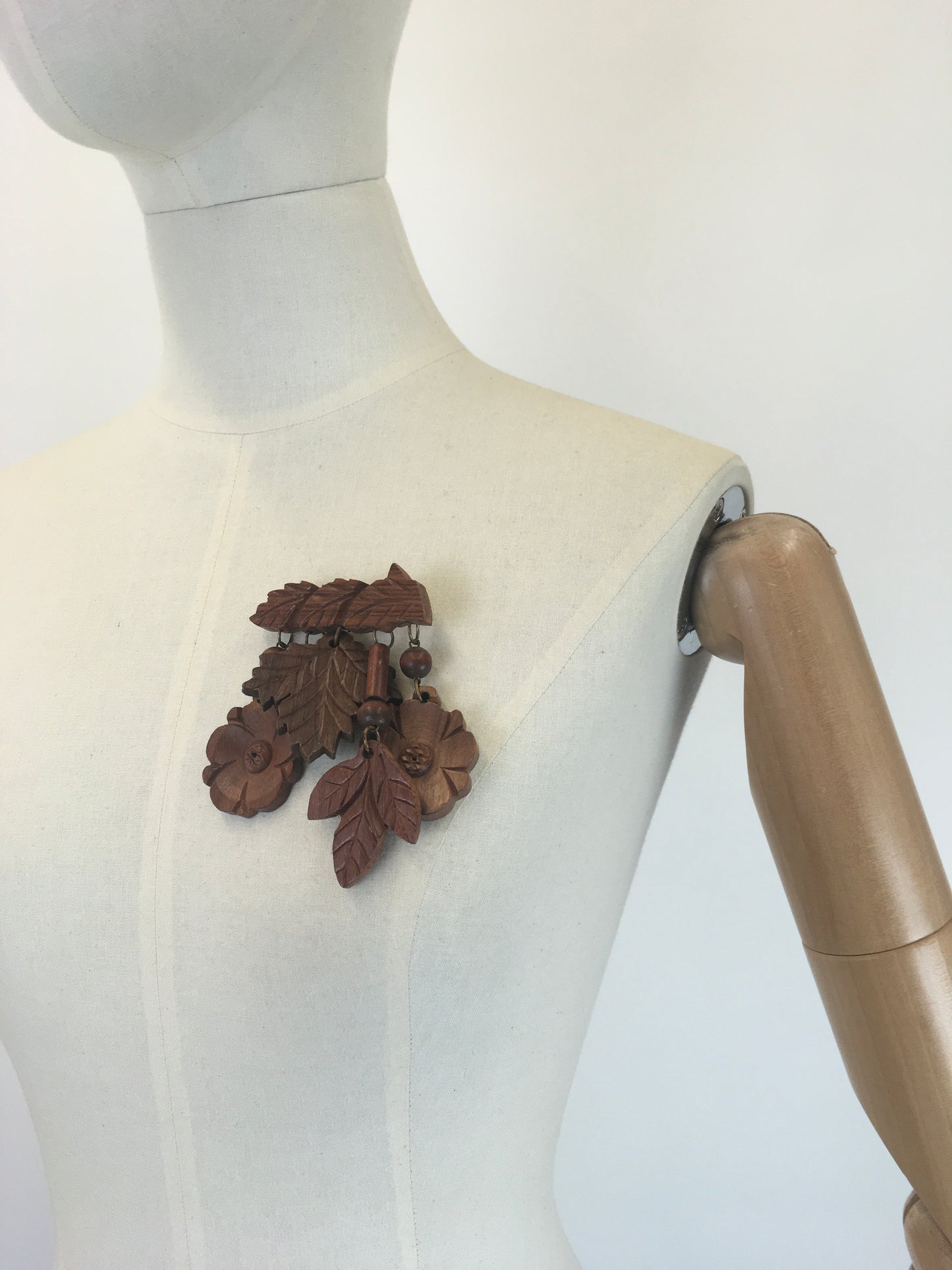 Original 1940’s Huge Autumnal Wooden Brooch - With Carved Leaves and Florals