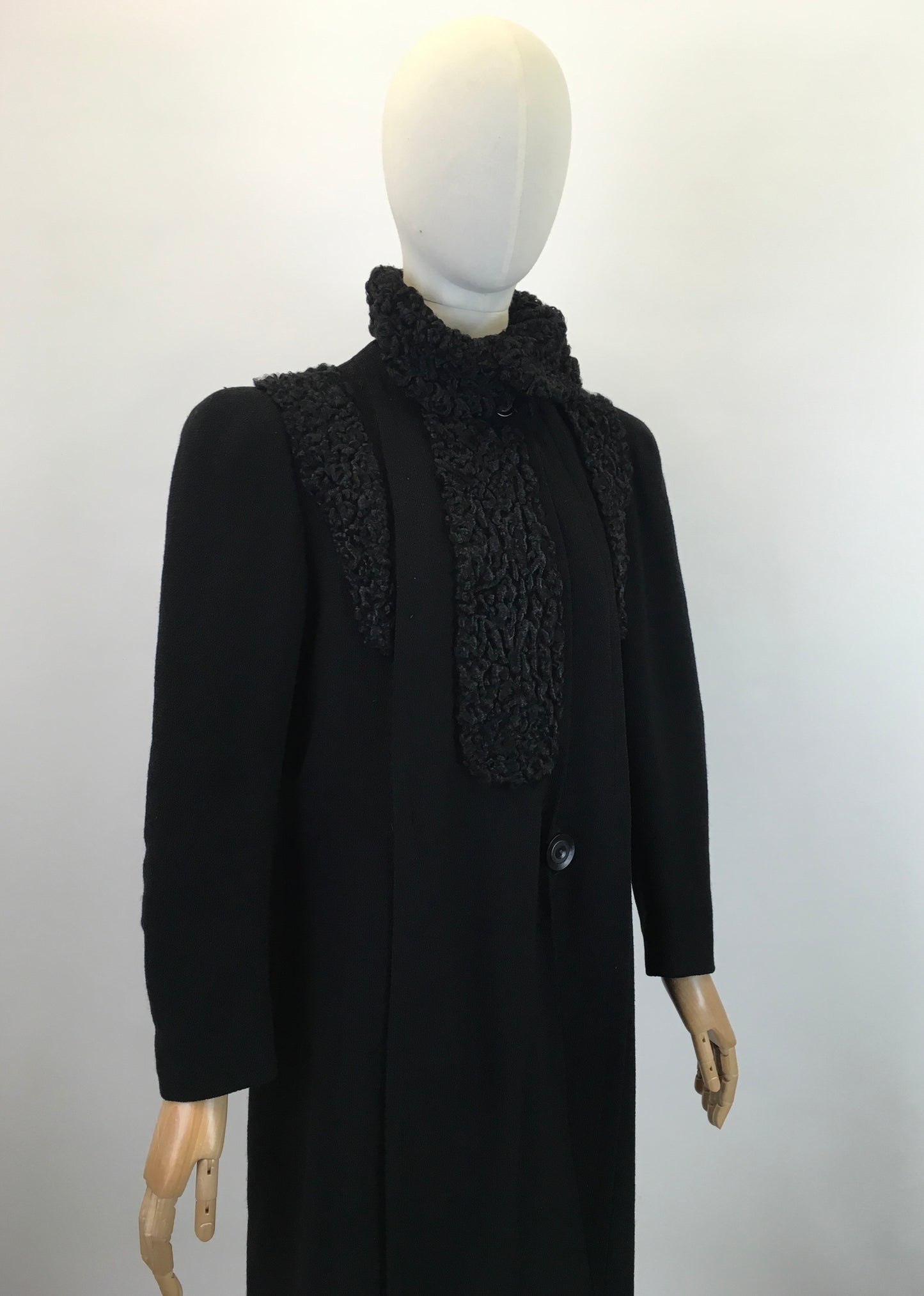 Original 1930's Sensational Black Coat - With Stunning Astrakhan Collar & Yokes