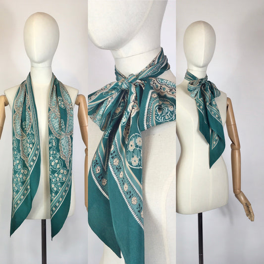 Original 1930’s Beautiful Deco Pointed Scarf - In An Exquisite Colouring Of Rich Jade Green, Pastel Pink & Ivory