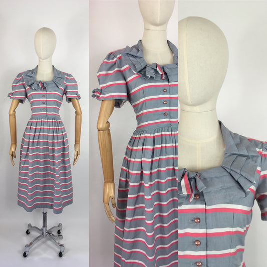 Original Early 1940s Cotton Day Dress - Lovely Stripe In Soft Greys, Bright Pinks and White