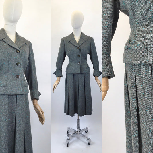 Original late 1940’s 2pc Woollen Suit by ‘ Harella’ - Grey Toned with a Bright Teal Fleck