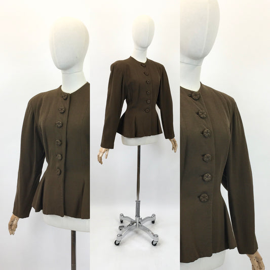 Original 1940's Stunning Crepe Jacket With Peplum - In Chocolate Brown with Flower Petal Buttons