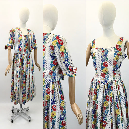 Original Stunning 1940's Sundress & Bolero - In A Bright Summer Floral Print Cotton