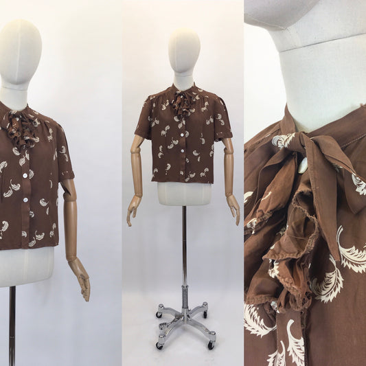 Original 1940’s AS IS Beautiful Rayon Blouse - In a Lovely Brown And White Feather Print