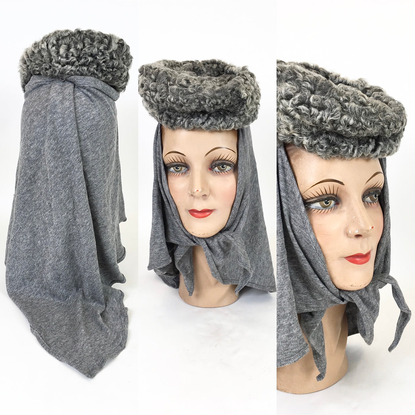 Original 1940's Sensational Astrakhan Wimple Style Hat - In Grey Marl with Detachable Scarf