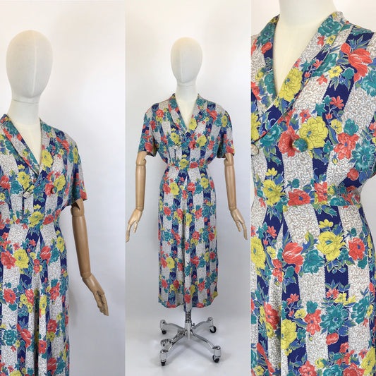 Original 1940’s STUNNING Fine Crepe Day Dress - Floral Brights in Reds, Blues, Chartreuse, Peacock and Fawns