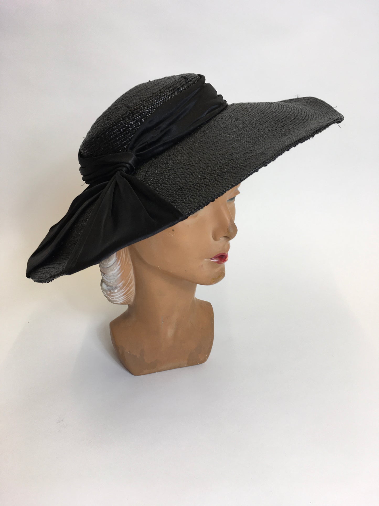 Original 1940’s Black Saucer Hat - ‘ Made In France ‘ With Black Satin Bow Ribboning