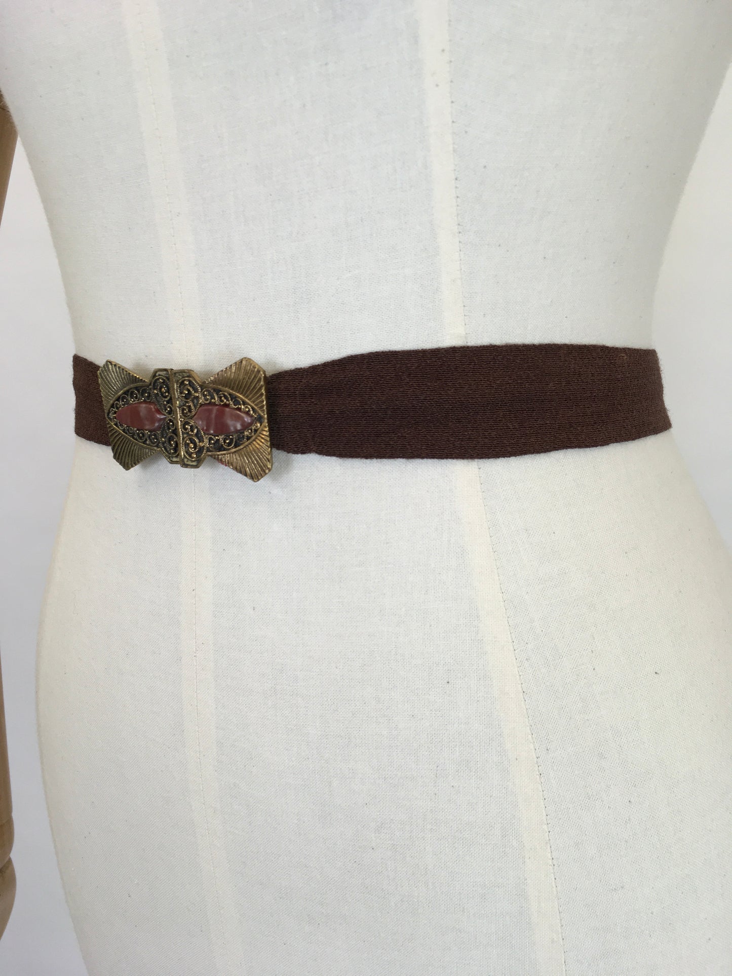 Original 1930s Deco Belt - With Deco Metal Buckle and Warm Brown Crepe Banding