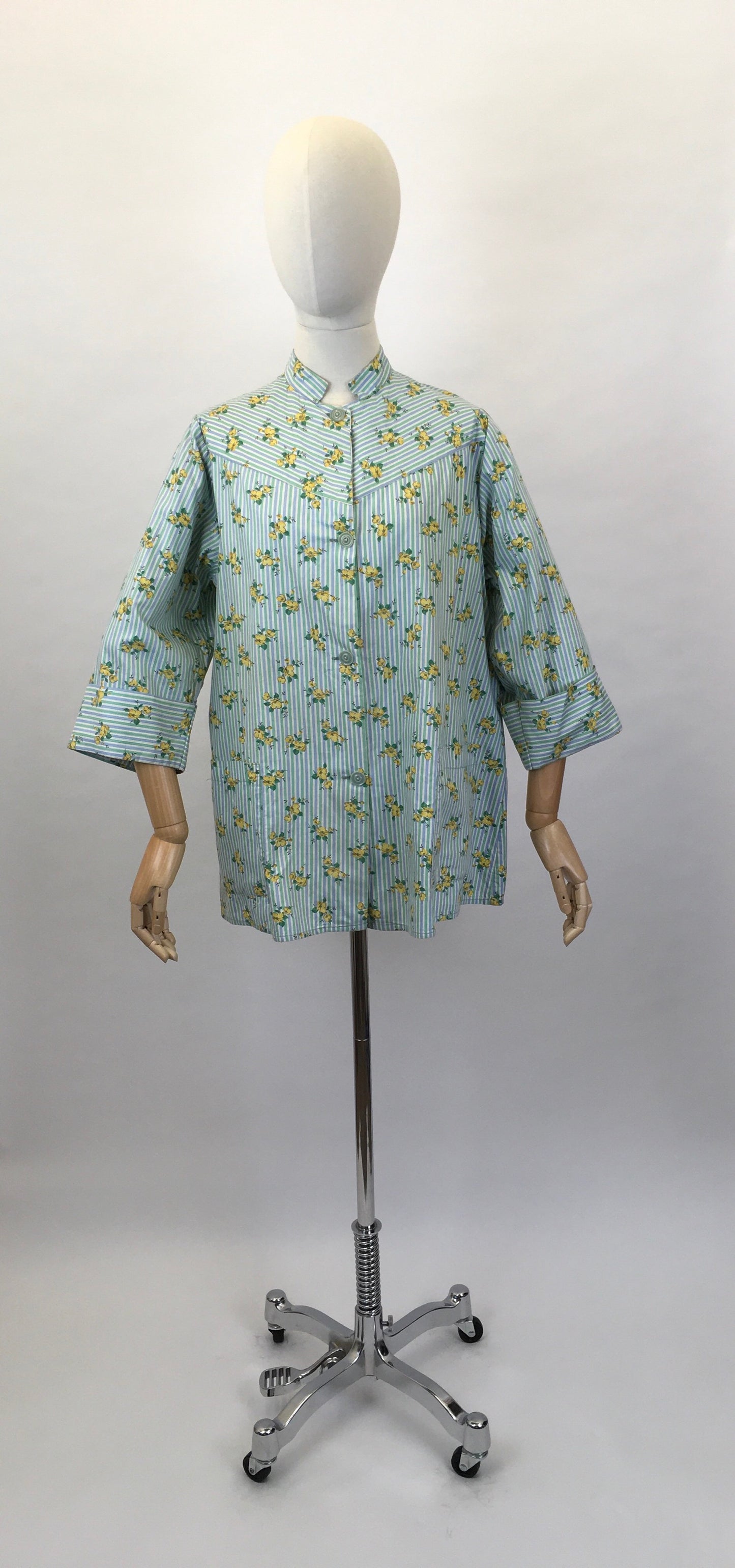 Original 1950s Smock Made By ‘ Country Reg’d ‘ - In a Lovely Contrast Floral and Stripe in Soft Greens, Blues and Buttercup Yellows