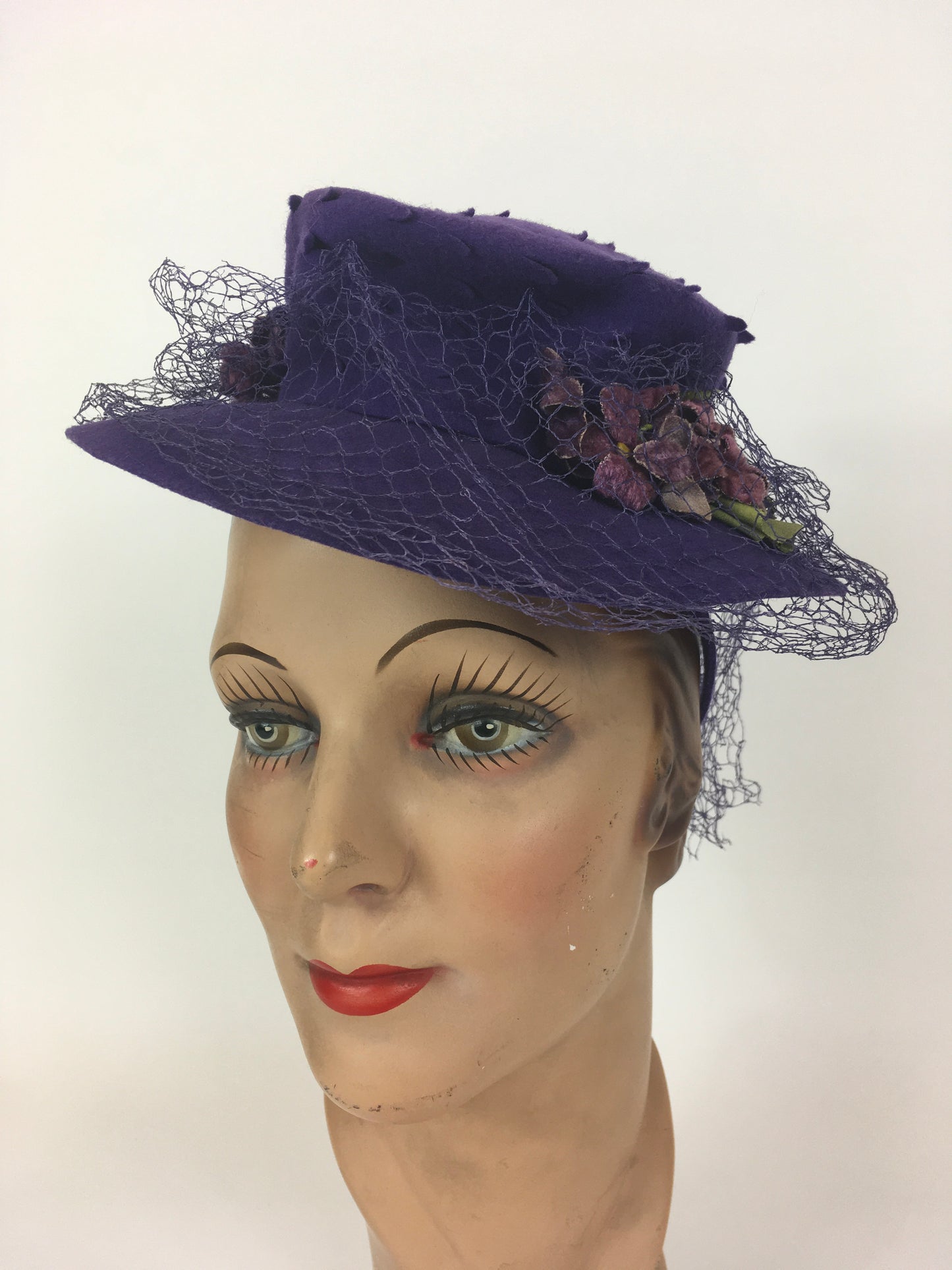 Original 1940’s SENSATIONAL Cadbury Purple Felt Topper Hat - With Cutwork Detailing, Millinery Flowers and Veiling