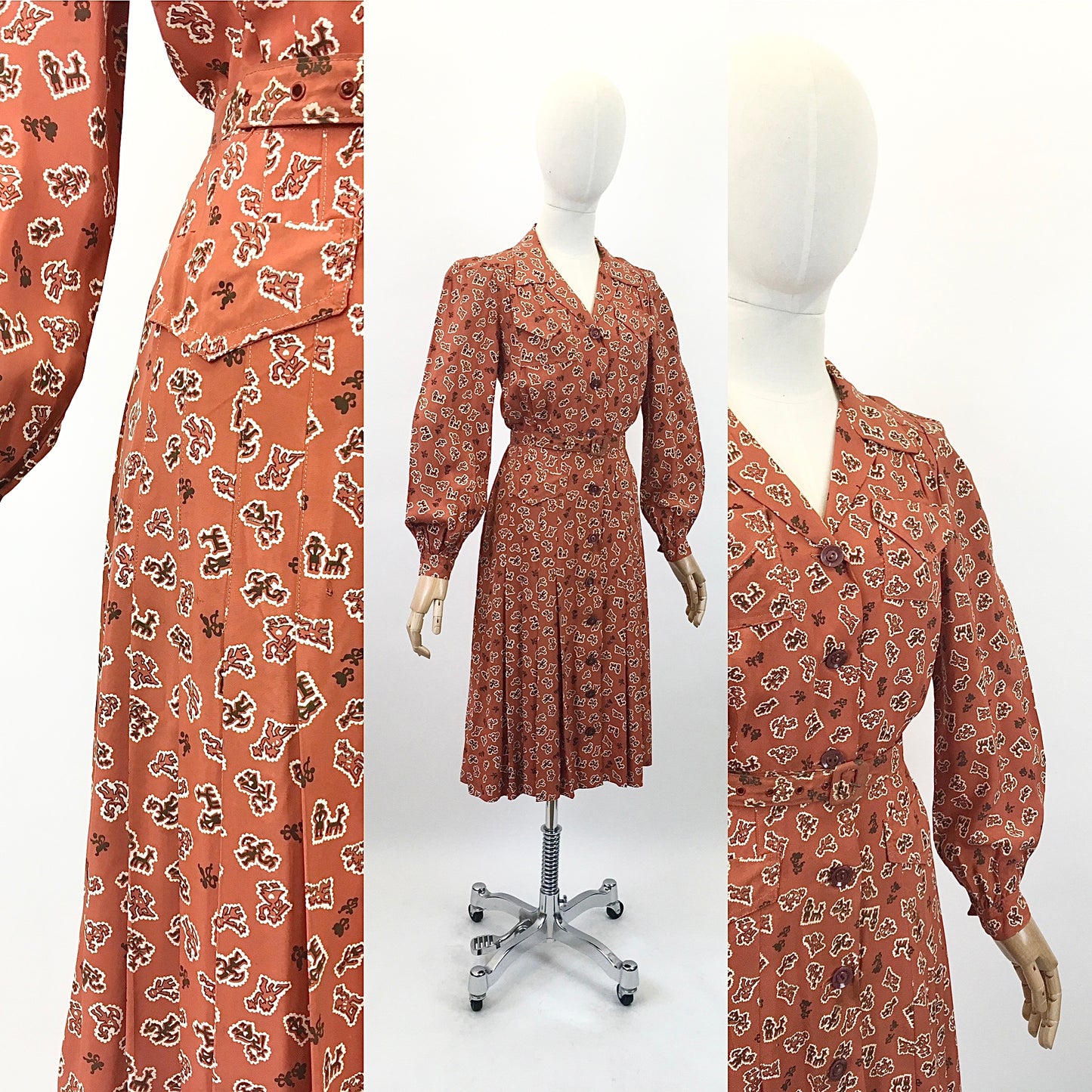 Original 1940's Gorgeous Novelty Print Dress - In A Cinnamon, Black and White Crepe De Chine