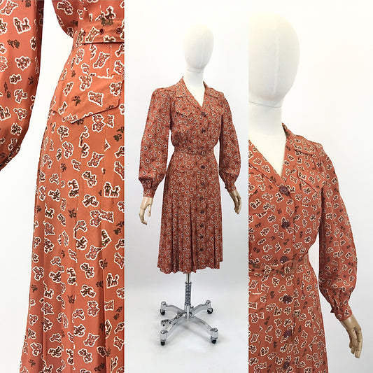 Original 1940's Gorgeous Novelty Print Dress - In A Cinnamon, Black and White Crepe De Chine