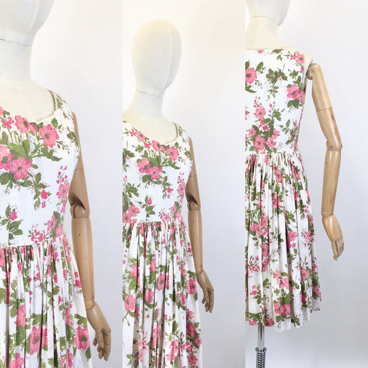 Original 1950’s Darling Cotton Sundress - In A Pink Floral with Green Fauna