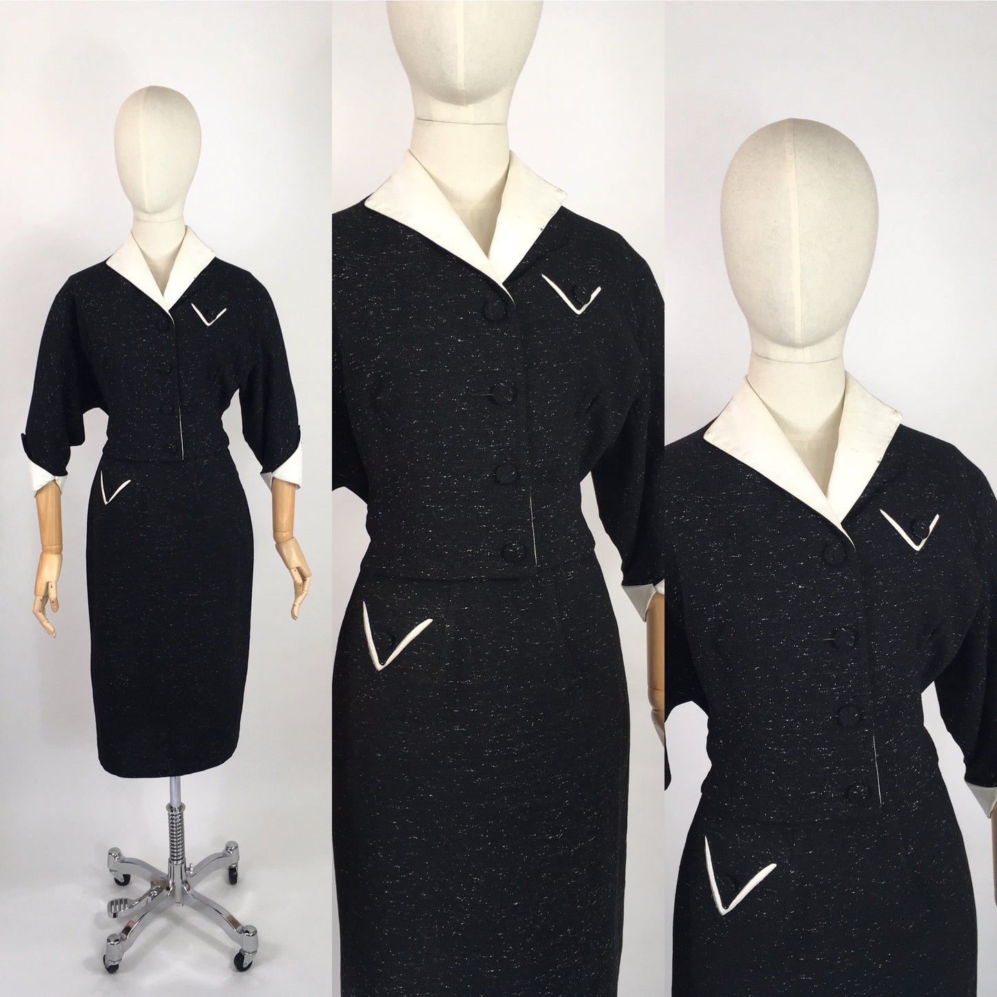 Original 1950s Fabulous 2 pc Suit with Sharp Silhouette - In a Black and White Atomic Fleck with Contrast White Leather Trims