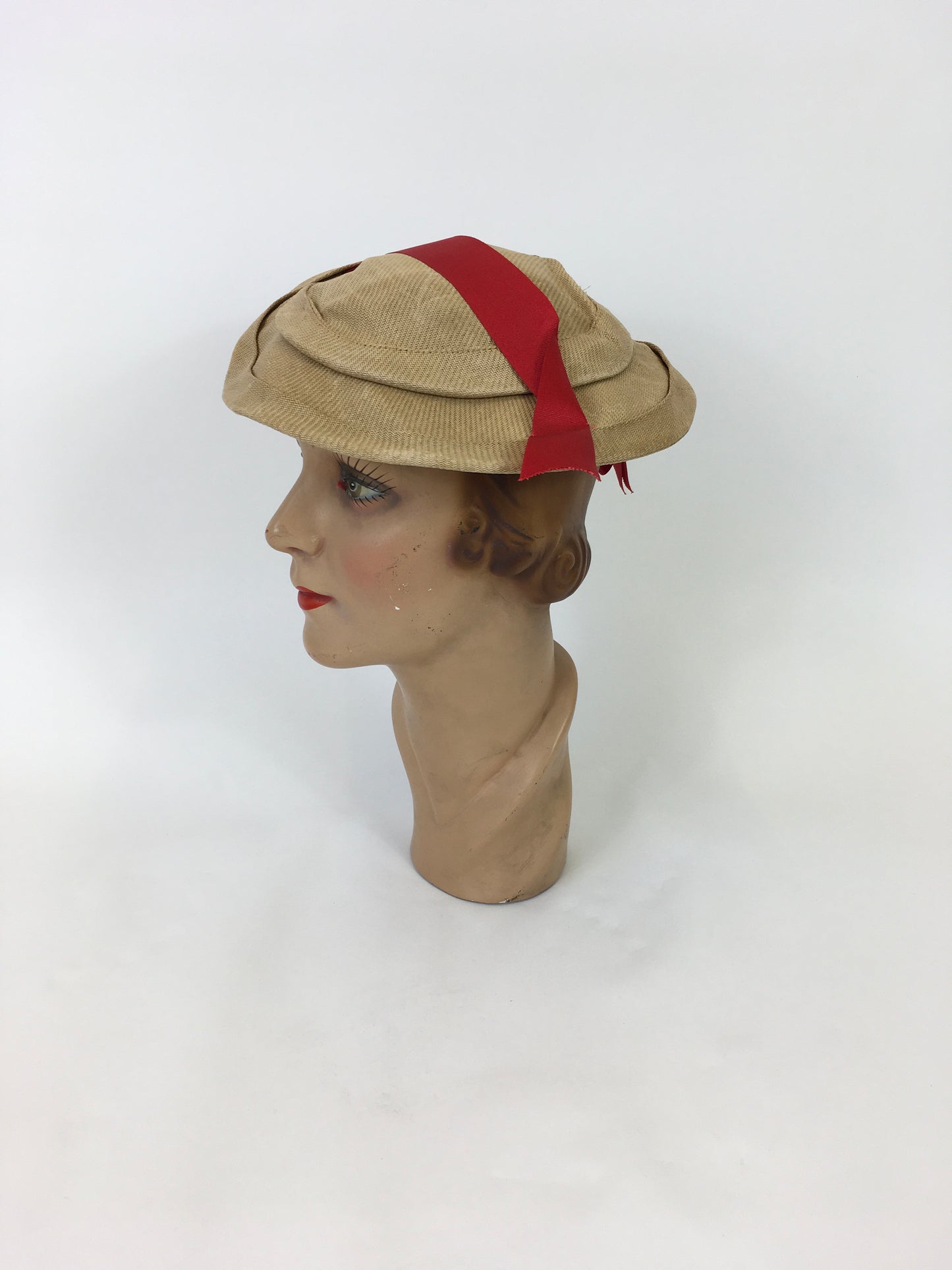 Original 1930's Stunning Natural Straw Cloth Hat - With Zesty Orange Grosgrain Trim