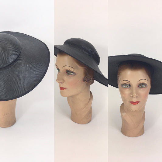 Original 1940’s Large Straw Summer Hat - In Black