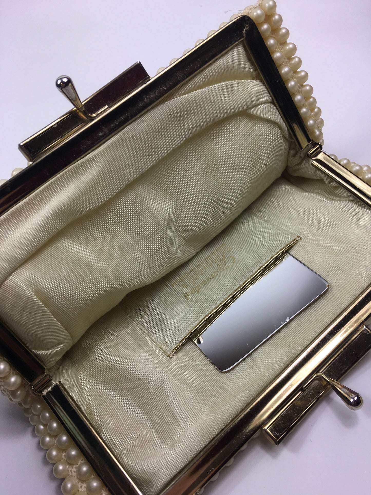 Original 1950’s Fabulous Pearly Handbag - In A Lovely Warm Cream With Internal Pocket Mirror