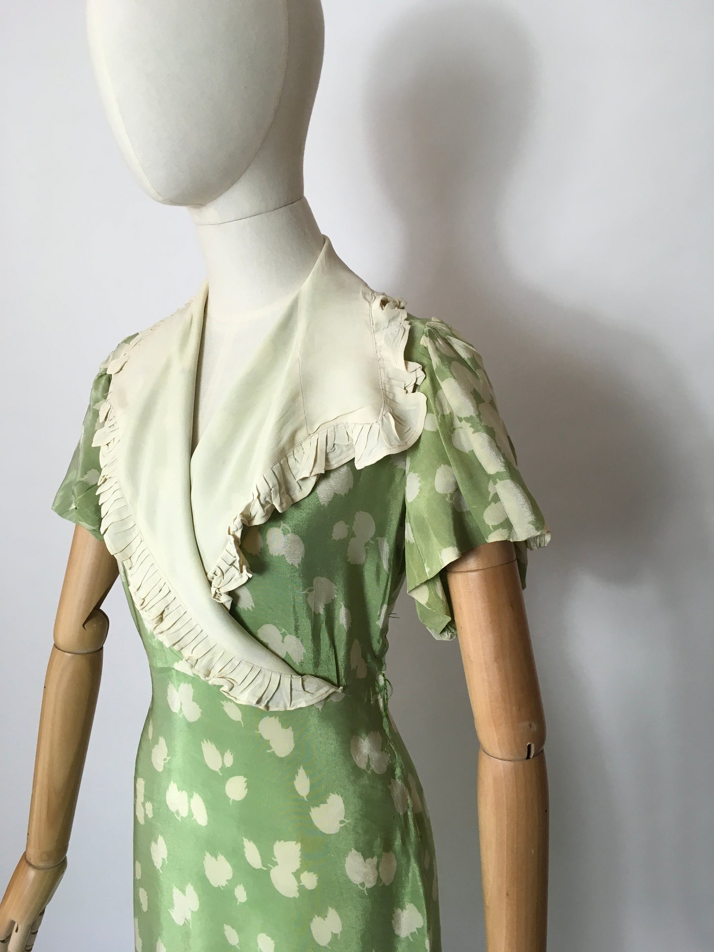 Original 1930’s Exquisite 1930’s Dress with Wrap Bodice and Contrast Collar with Frill Detailing - Festival of Vintage Fashion Show Exclusive