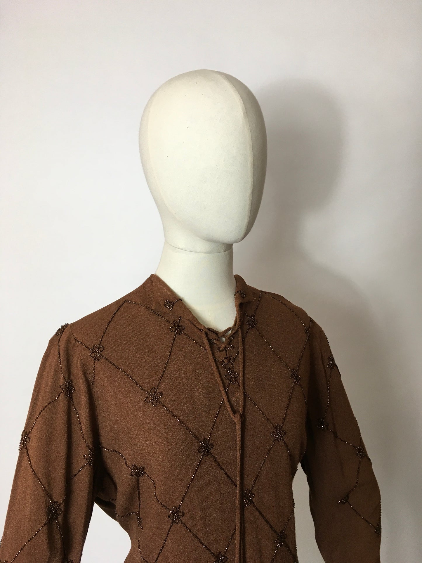 Original 1940’s Double Eleven Plate Label Tunic - Featuring Stunning Bronze Beaded Bodice Detailing on an Autumnal Brown Crepe