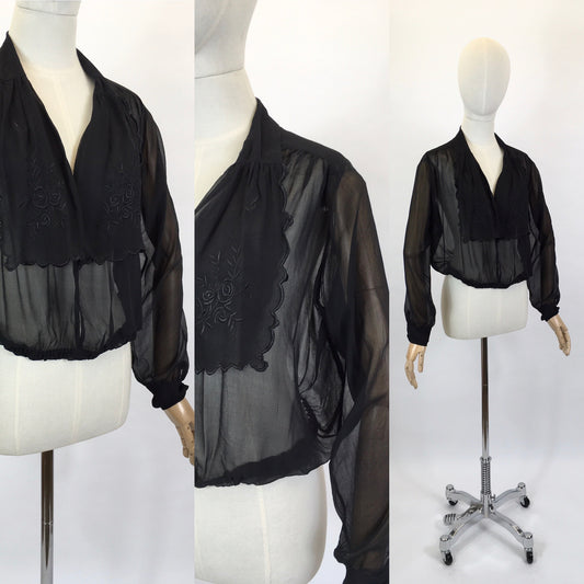 Original 1920’s Stunning Chiffon Blouse - With Embroidered Collar Detailing and Scalloped Edge
