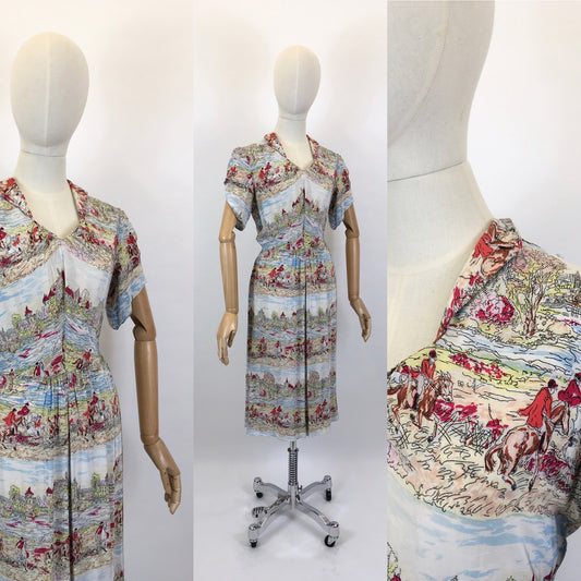 Original 1940’s Silk Novelty Print Dress - With Fabulous Colourings and Details