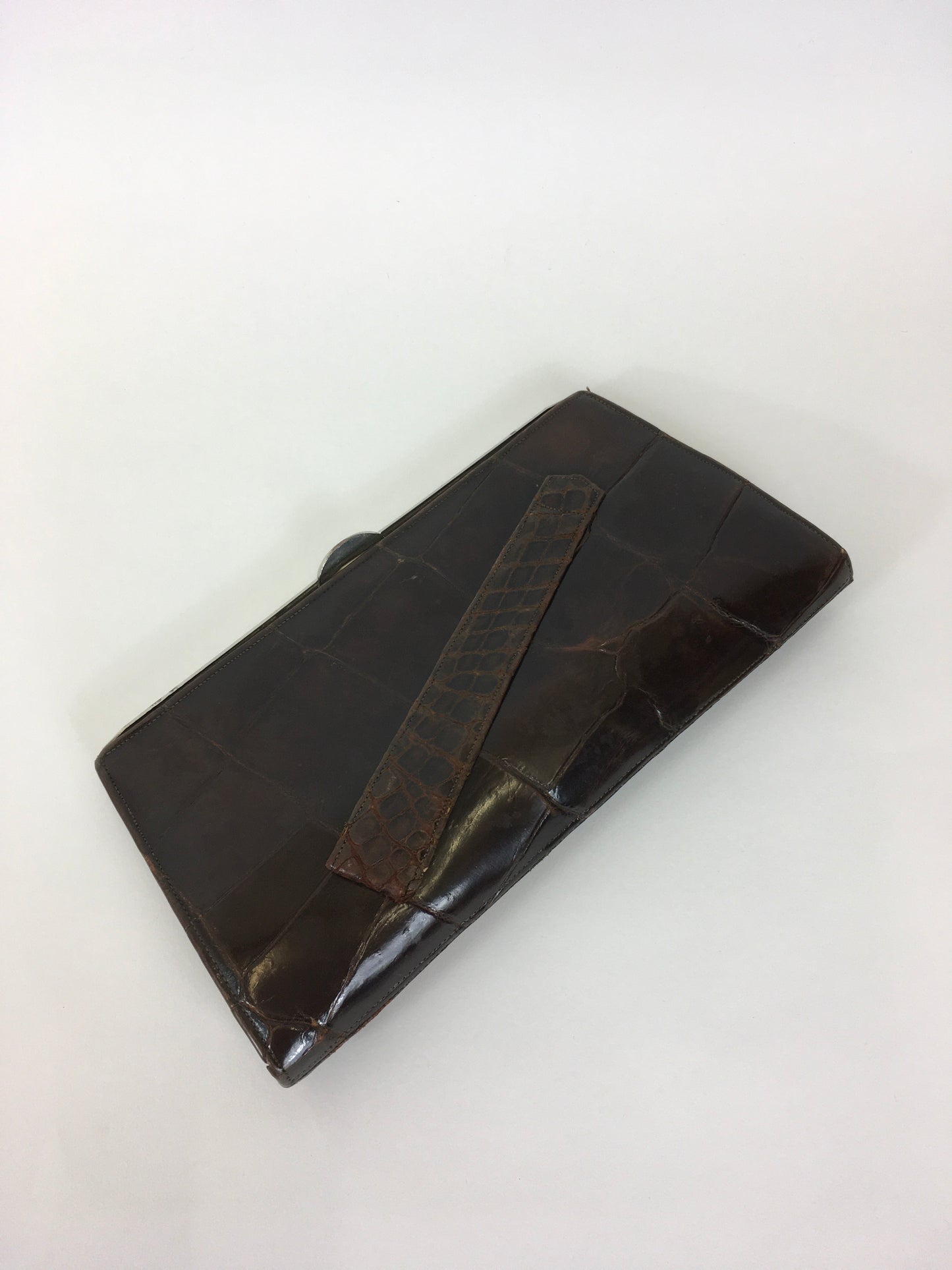 Original 1930’s Deco Crocodile Clutch Handbag - In A Warm Brown with Chrome Detailing