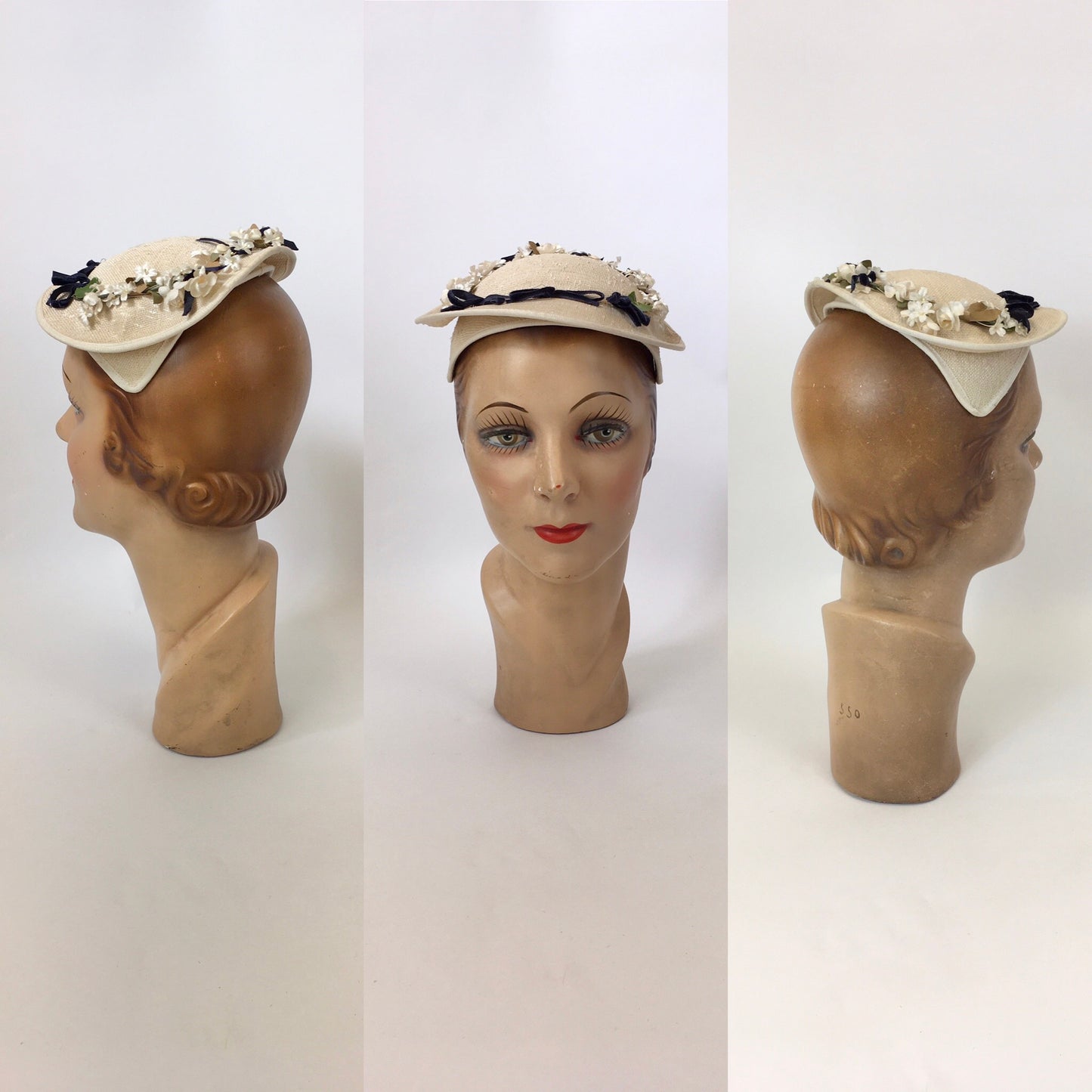 Original 1950’s Darling Natural Straw Headpiece - With Millinery Flora and Navy Velvet Bows