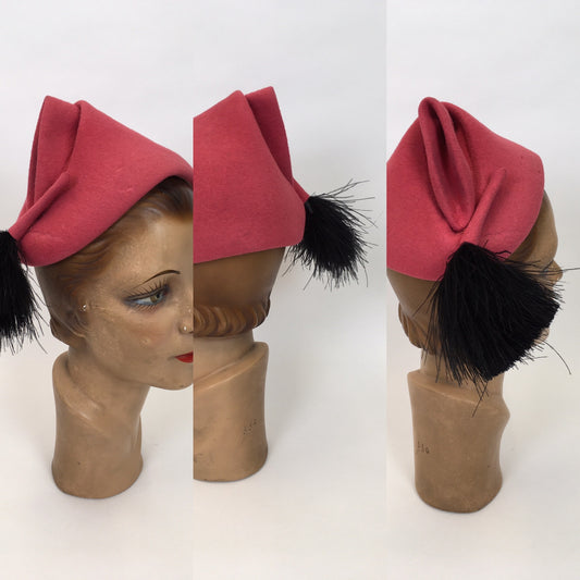 Original 1930’s AMAZING Raspberry Pink Pixie Hat - With a Fabulous Ostrich Feather Plume In Black