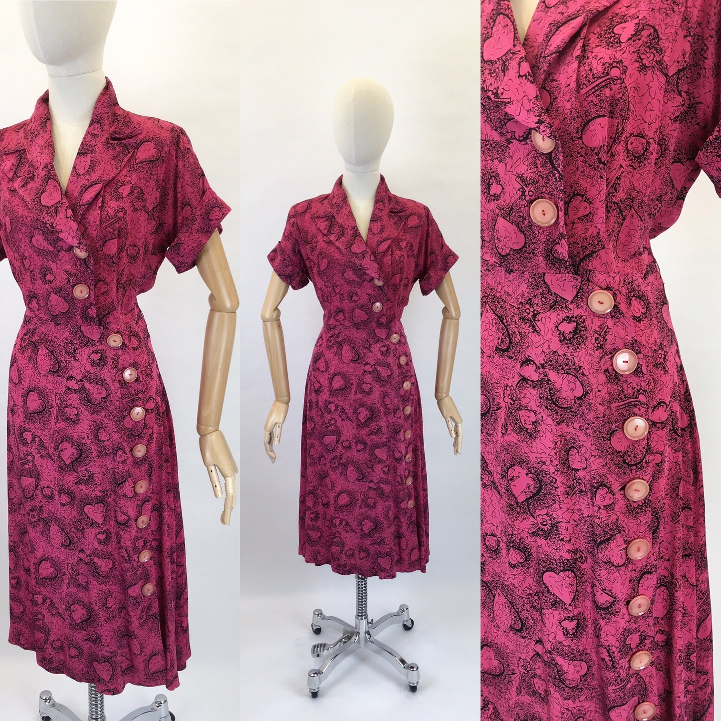 Original 1940s STUNNING Novelty Print Rayon Dress - Love Heart and key Illustrations In Rich Magenta and Black