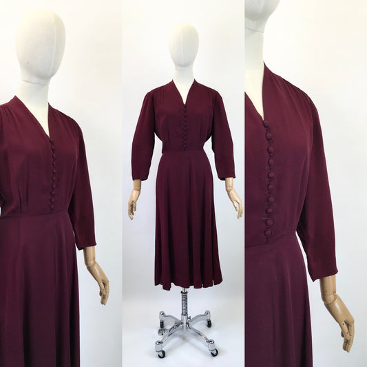 Original 1940's Divine Rayon Dress - In  A Deep Red Wine