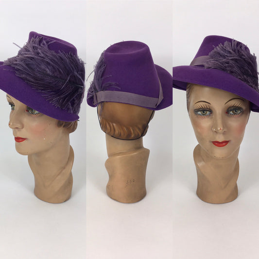 Original 1940’s STUNNING Cadbury Purple Hat - With Ostrich Feather Plume Adornment