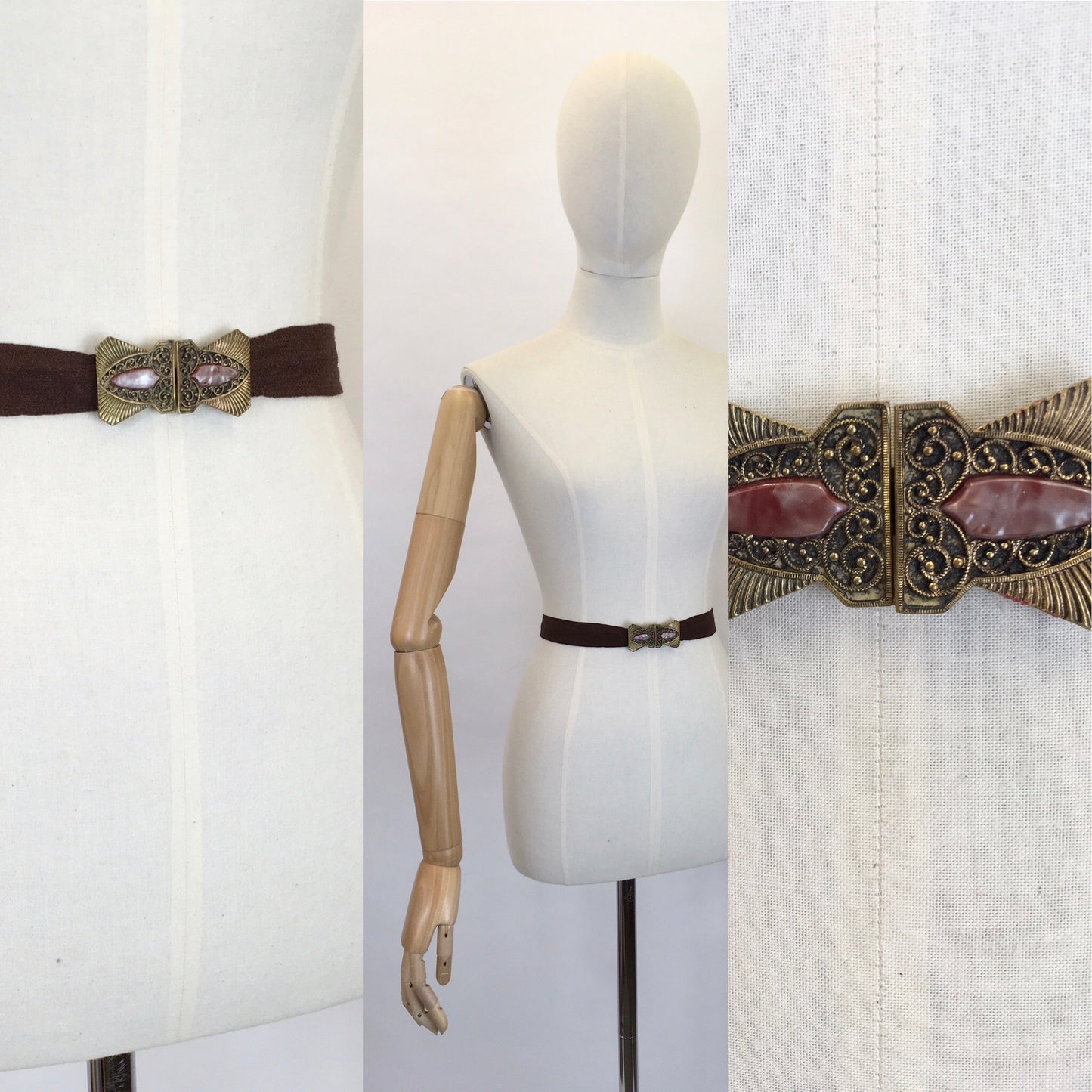 Original 1930s Deco Belt - With Deco Metal Buckle and Warm Brown Crepe Banding